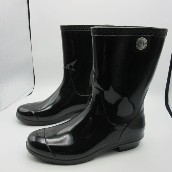 UGG Sienna Rain Boots Black Mid-Calf Gloss Women's 9 Rubber Waterproof - Picture 1 of 9
